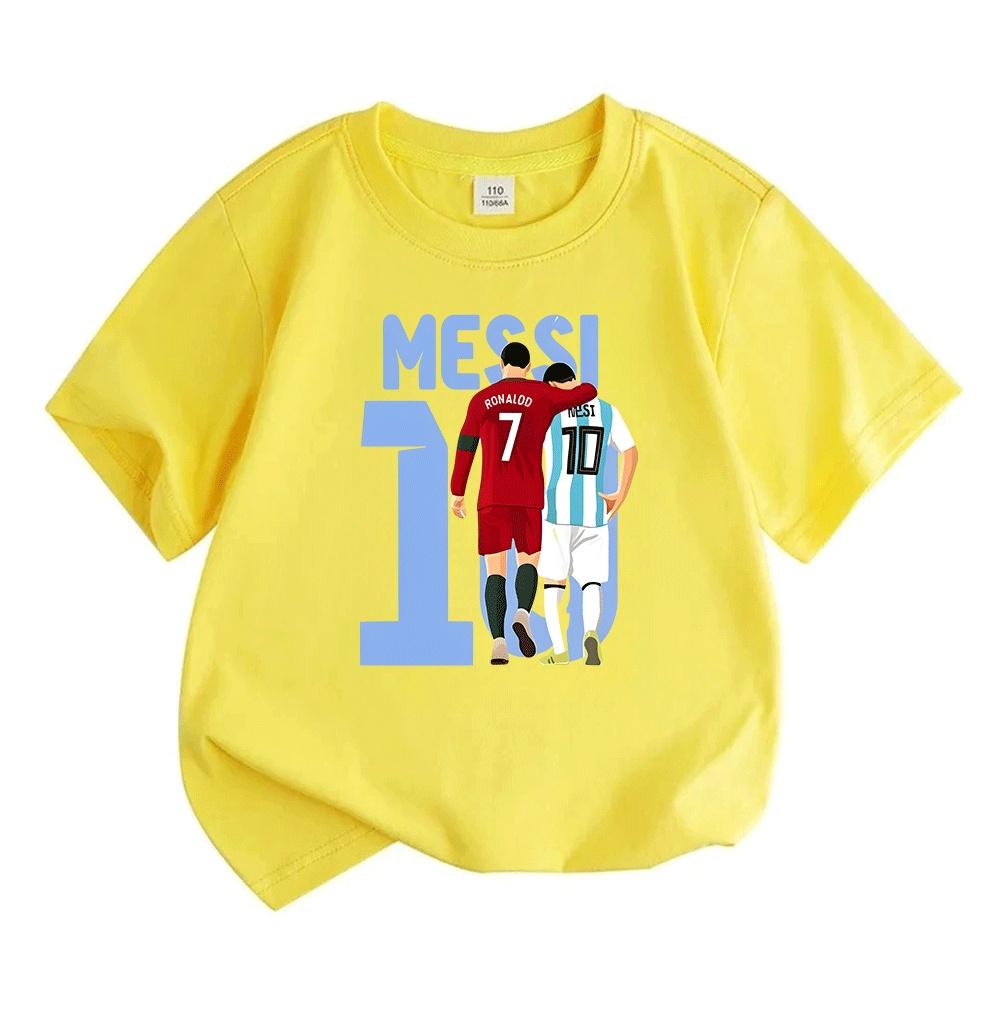 Kids Boys Girls Crew Neck Short Sleeve 100% Cotton T-Shirt, Football Stars Print Casual Soft Tees for Boys Girls Daily Wear Sport Tops for Children