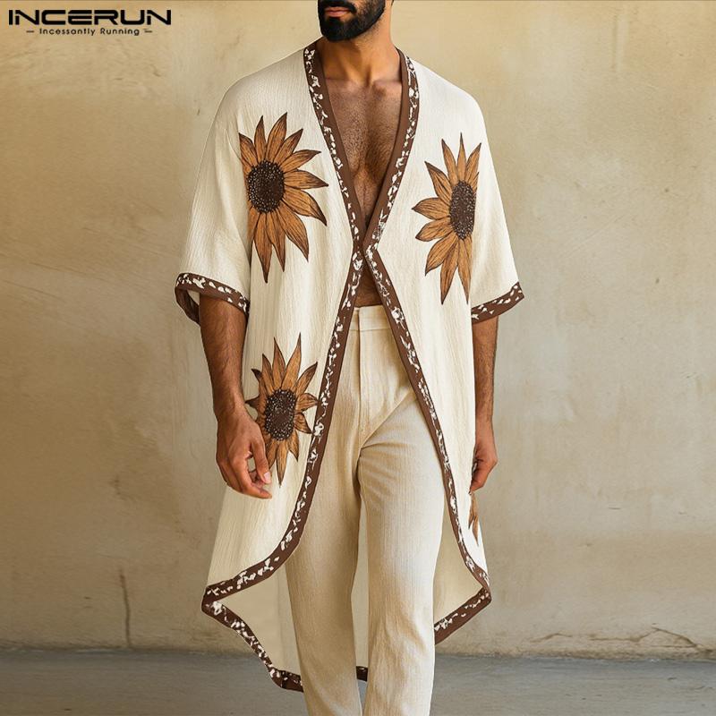 INCERUN Men Half Sleeve Stitching Floral Print Casual Irregular Long Cardigan Tops