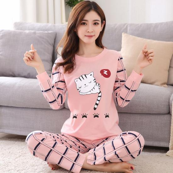 2Pcs/Set Women Long Sleeve Sleepwear Cartoon Anima Pajama Set Long Sleeve Tops Long Pants Casual Sleep Lounge Nightwear