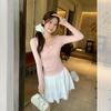 Pink lace U-neck bow long-sleeved t-shirt women's early autumn new inner bottoming shirt slim and thin knitted top