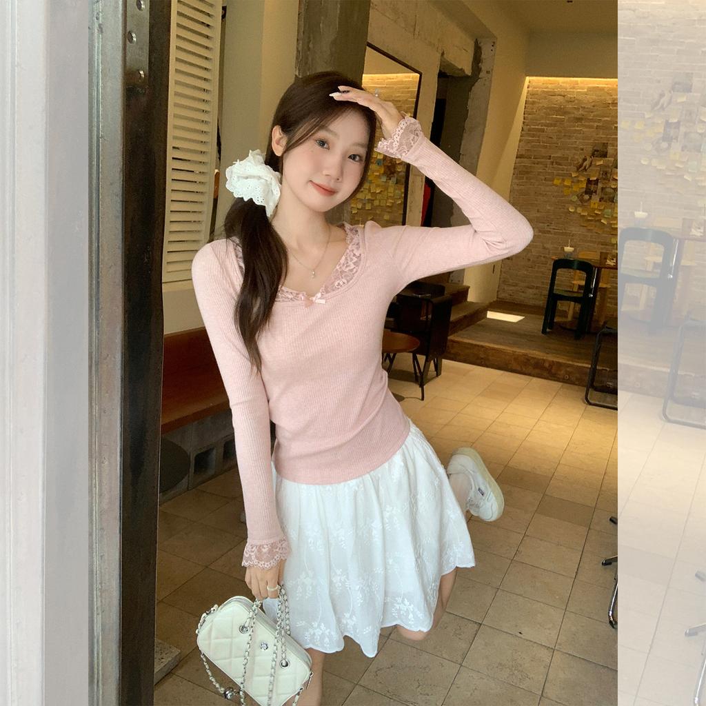 Pink lace U-neck bow long-sleeved t-shirt women's early autumn new inner bottoming shirt slim and thin knitted top
