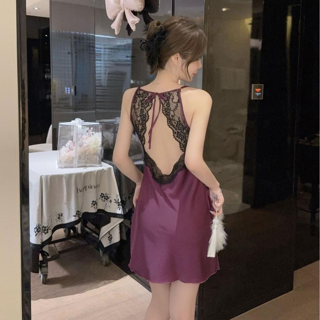 Women's spring summer pajamas ice silk suspenders sexy nightgown nightgown two-piece set imitation silk ribbon chest pad