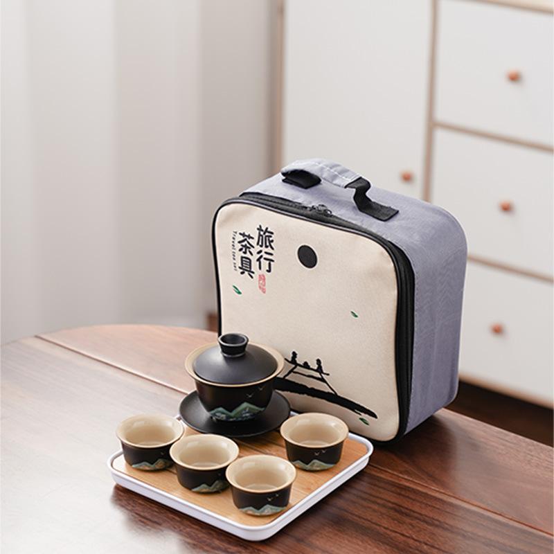 Black Pottery Travel Kung Fu Tea Set Portable Household Outdoor Ceramic Tea Pot Drinking Tea Cup Dry Brewing Plate Small Set