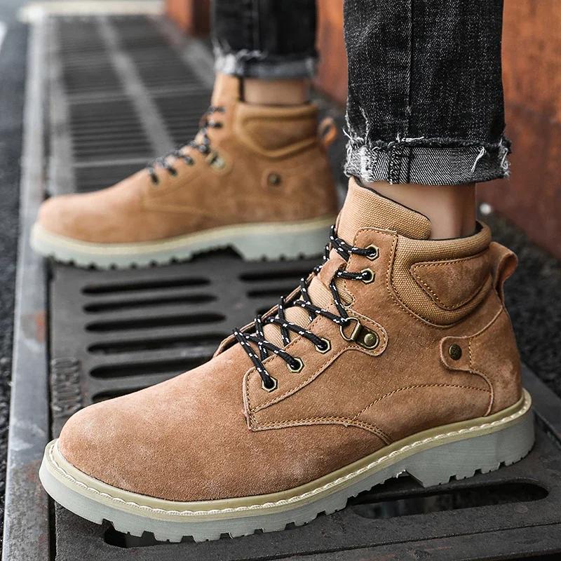 Férfi cipők 2024 Divat Fűzős Férfi Csizmák Téli Kerek Orrú Egyszínű Rövid Szárú Vastag Sarkú Nagy Méretű Kültéri Meztelen Csizmák