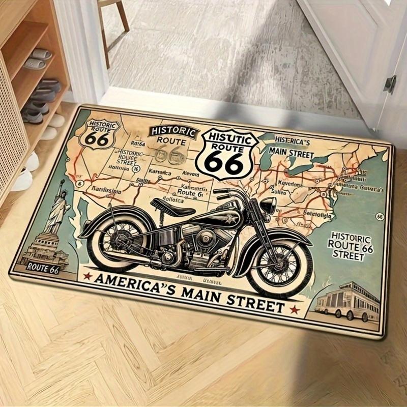 

Vintage Road Trip Doormat – Classic Motorcycle & Map Design, Non-Slip & Machine Washable for Entryway or Home Decor 80x120cm
