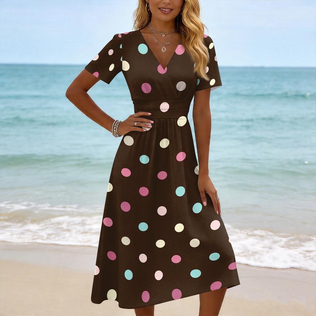 Women's Casual V Neck Short Sleeve Polka Dot Print Dress Midi Length Elastic Waist Summer Dress for Daily Wear