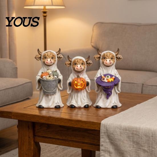 Resin Craft Figurine 3Pcs Halloween Ghost Highland Cow Figurines, Yak Statues with Pumpkin, Farmhouse Dark Style Ornament Tabletop Ornaments