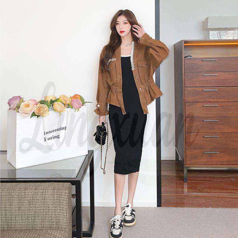 Korean Style Beaded V-Neck Denim Jacket with Cinched Waist One Size жёлтый