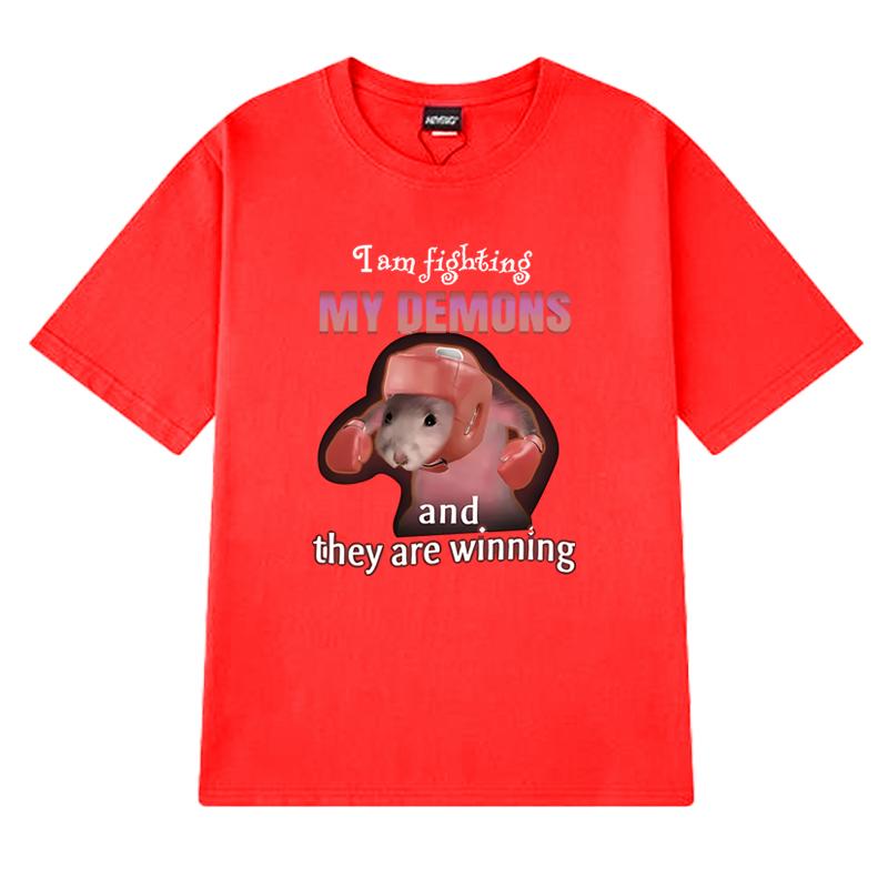 2025 Funny I Am Fighting My Demons and The Are Winning Rat Meme T shirt Unisex Casual short sleeve T-shirts Men Women Cotton Top