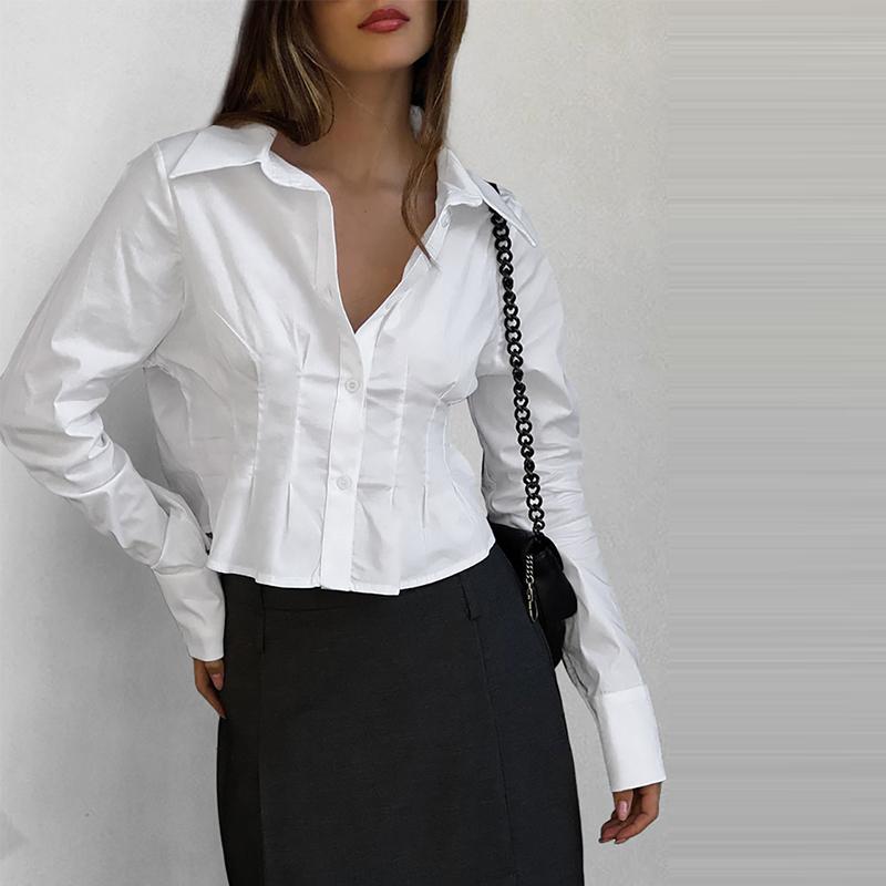 Plissert Slim Fit Topp Dame Bomullsskjorte Pendler Polokrage Langermet Ensfarvet Bluser Enkeltspent Kort Topp Elegant Kontordame Sommer