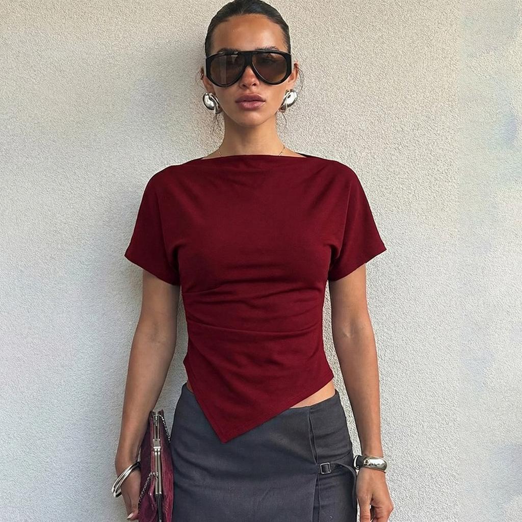 Damen Slim Fit Raffung Kurzarm T-Shirt Top Asymmetrischer Saum Dehnbar Lässige Bluse für den täglichen Gebrauch