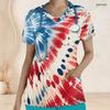 Women Plus Size V Neck Short Sleeve Scrub Top Spiral Tie Dye Patriotic Red White Blue Print Nurse Uniform Top