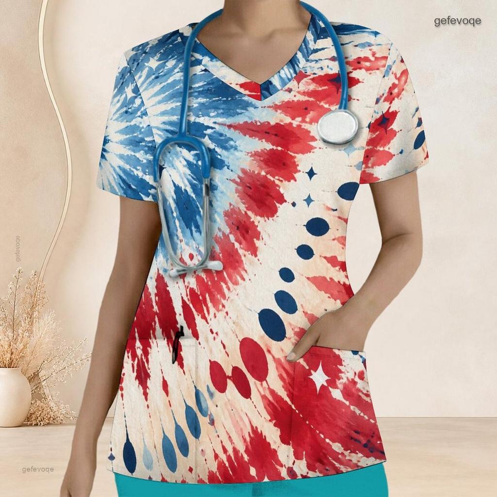 Women Plus Size V Neck Short Sleeve Scrub Top Spiral Tie Dye Patriotic Red White Blue Print Nurse Uniform Top