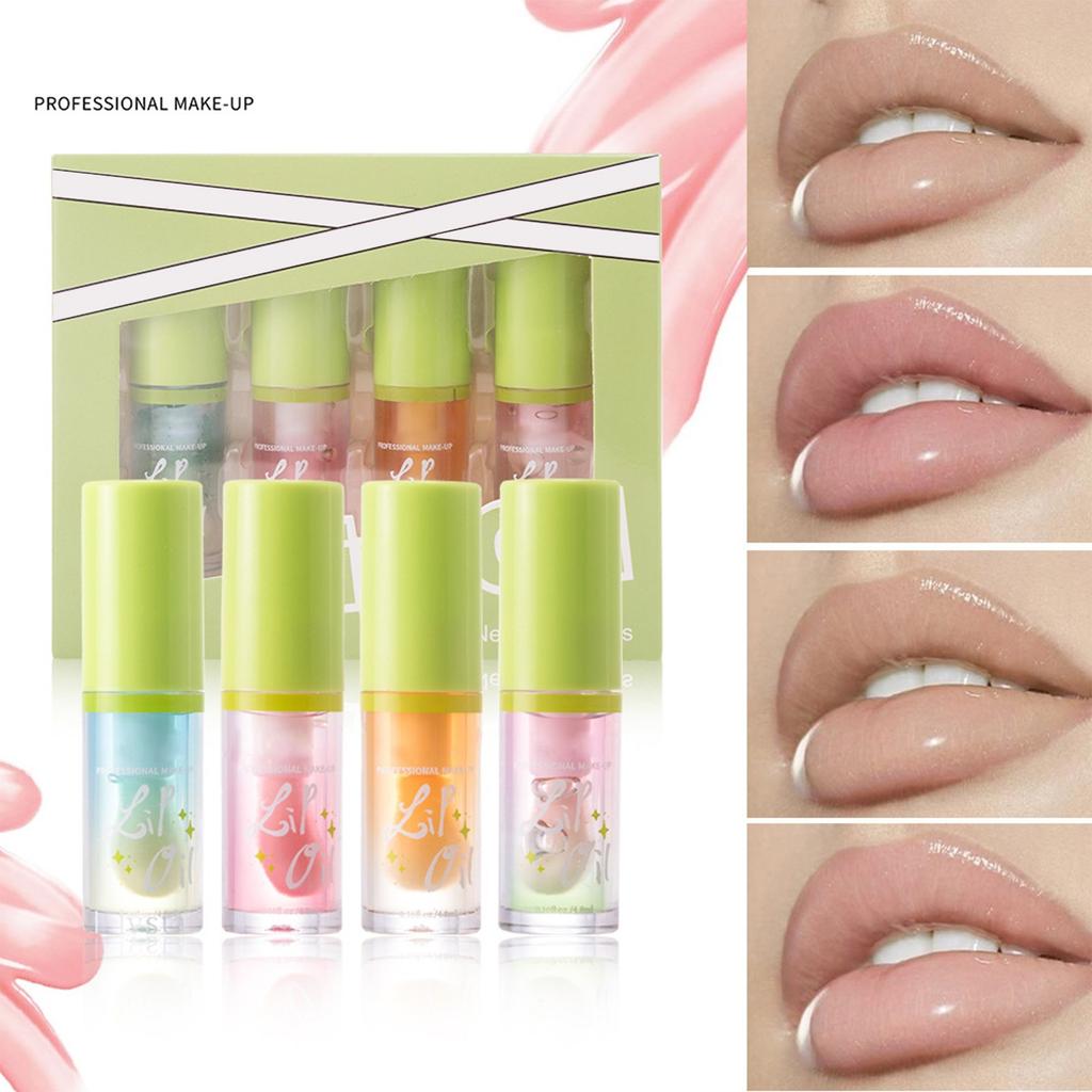 Moisturizing Lip Oil Set 4 Tablets, Large Brush Head Moisturizing Lip Gloss Gloss Transparent Mirror Moisturizing Cantaloupe Lip Oil 4.8ML*4