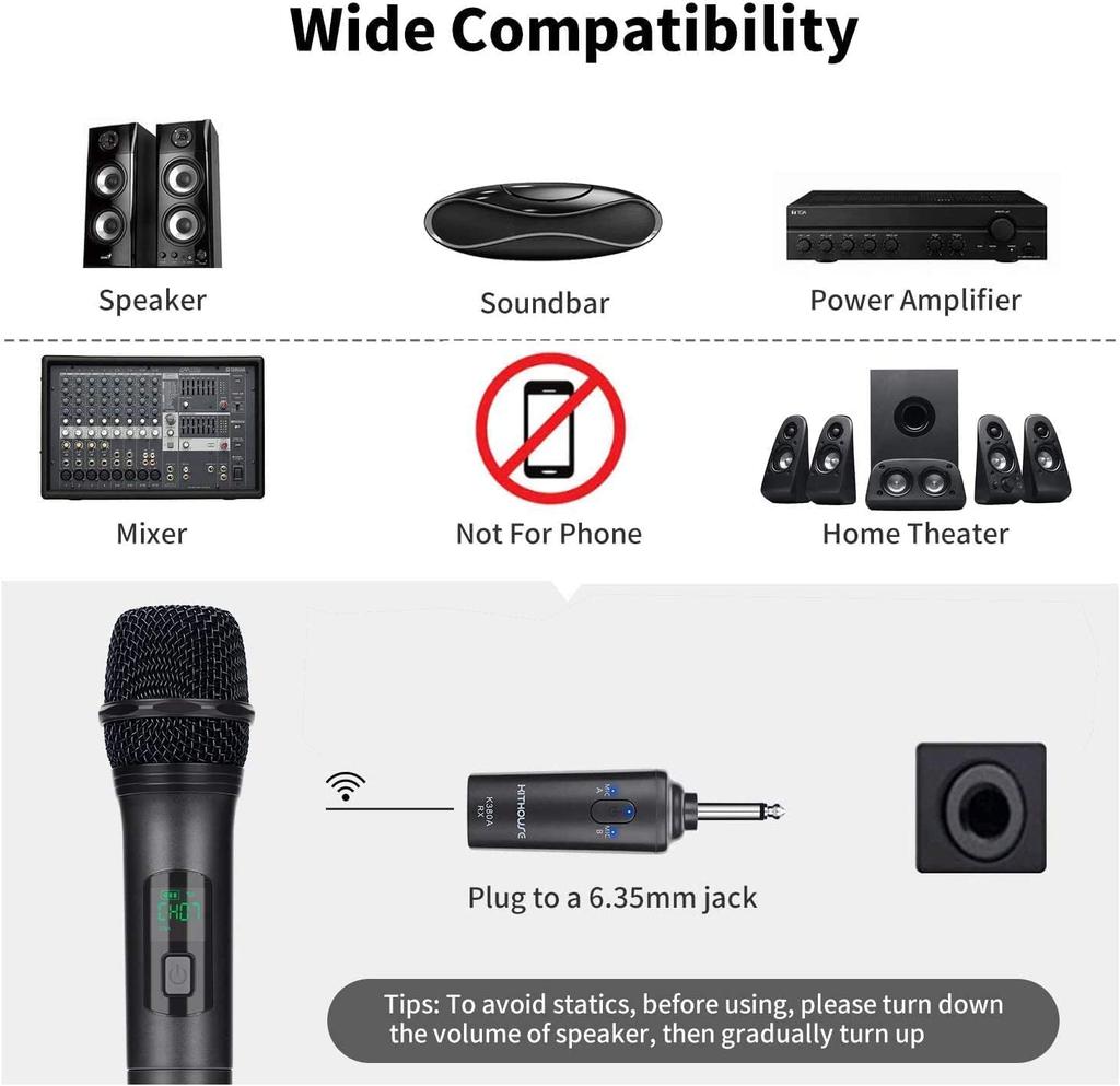 Kithouse K380A Wireless Microphone Bluetooth Karaoke Microphone Set of 2 LED Display Type UHF 10 Channel Dynamic Microphone 6.35mm Receiver Handheld