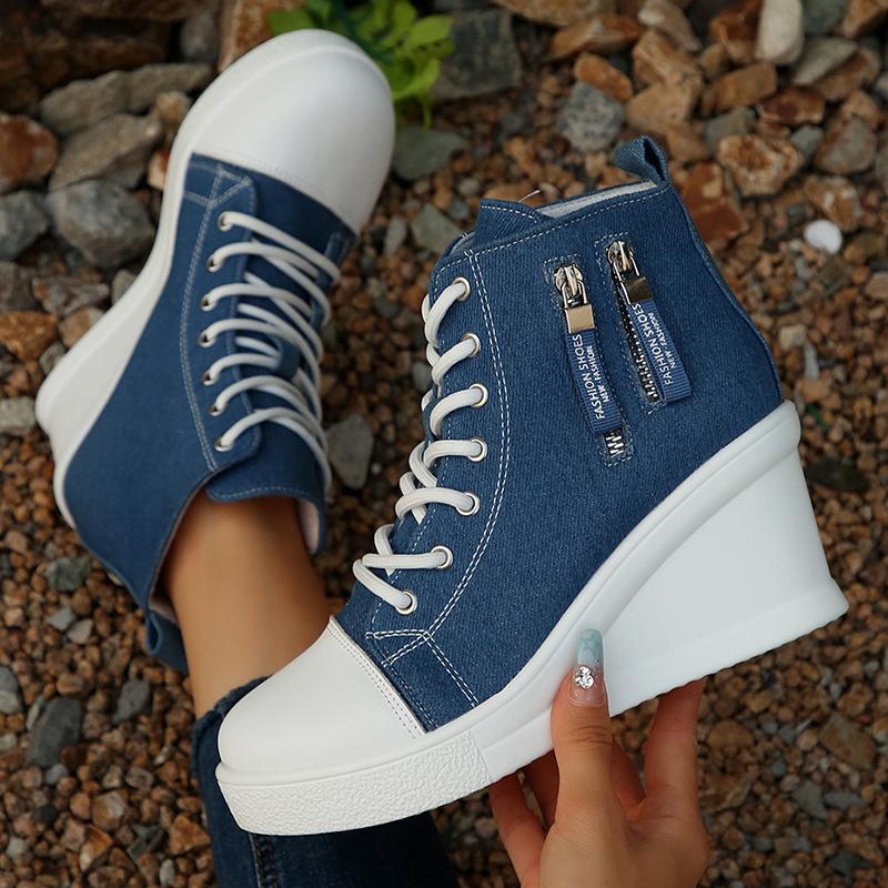 Damskie casualowe trampki high top z denimu, dekoracja na zamek błyskawiczny, koturn, buty płócienne, moda damska, sznurowane, platforma, botki do kostki, duży rozmiar