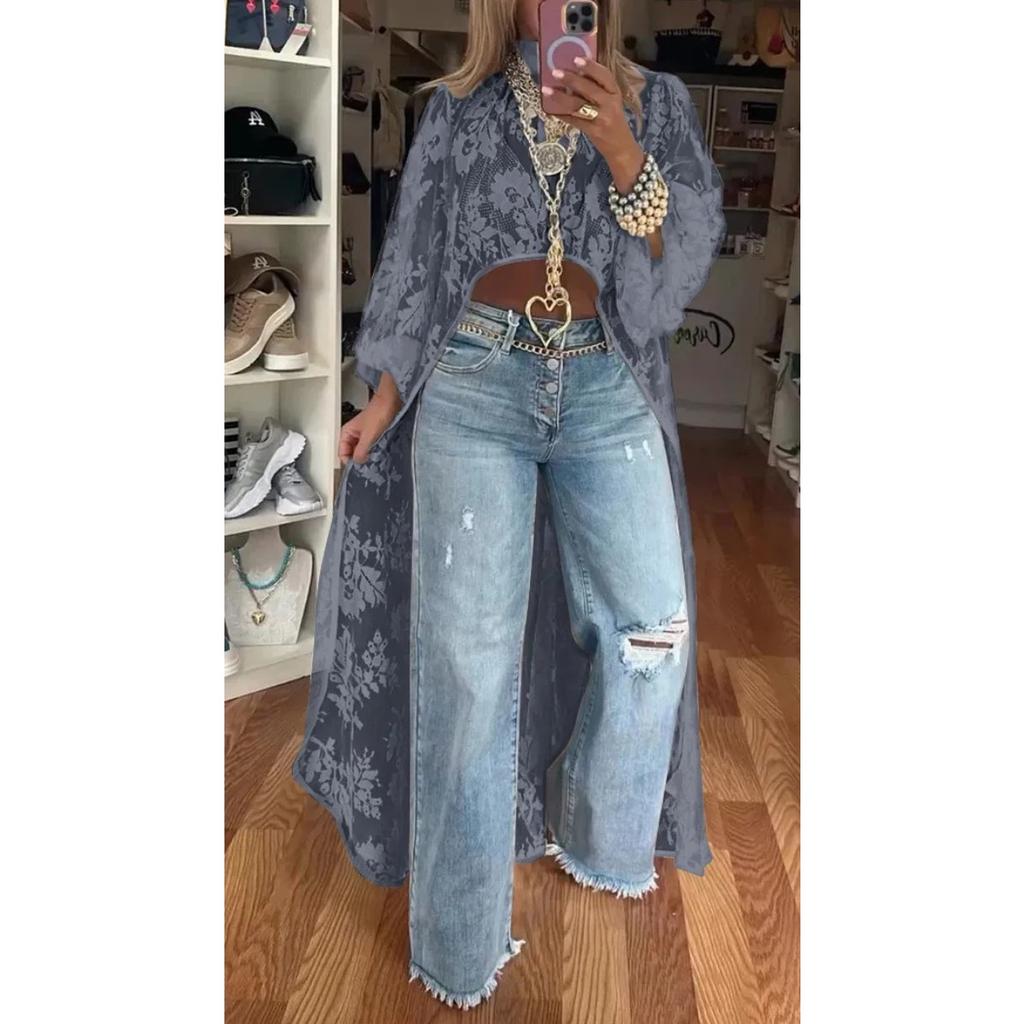 Women's Mock Neck Long Flare Sleeve Lace Kimono Irregular Long Cover Up Top