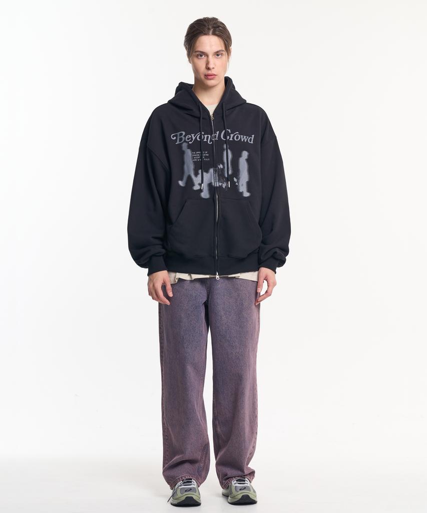 Moo Graphic Balloon Over Zip-Up Hoodie - Black