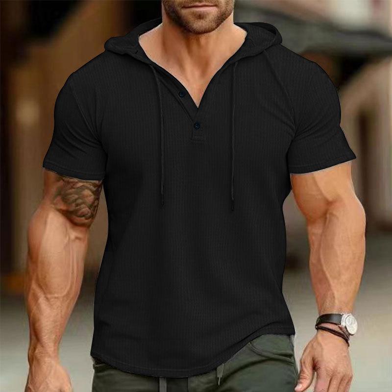 2024 Men's Summer Short-Sleeve Hoodie Henley Shirt for European & American Styles
