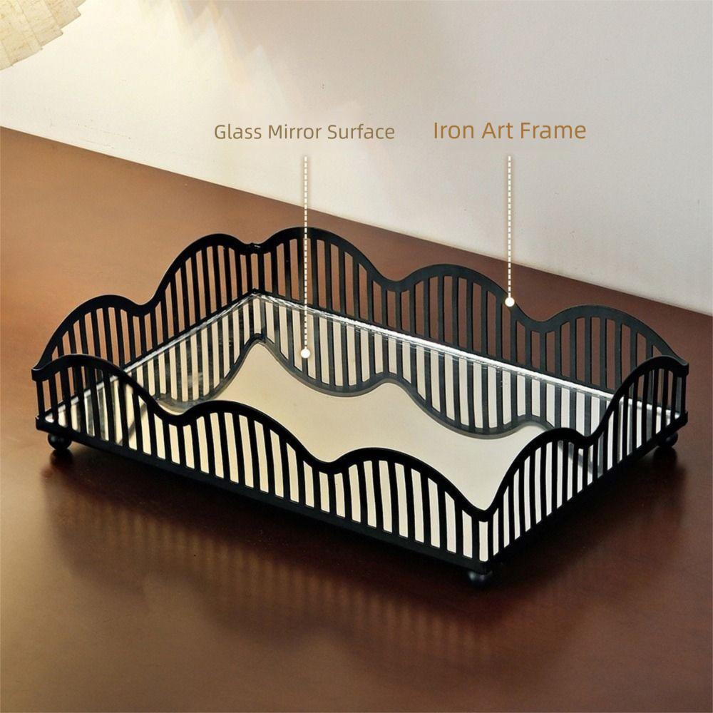 Exquisite Metal Storage Tray with Glass Mirror Bathroom Sundries Organizer Home Decorations