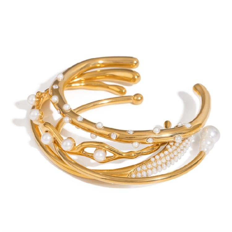 Elegant Adjustable Open Bangle Stainless Steel with Simulated Pearls Contemporary Jewelry