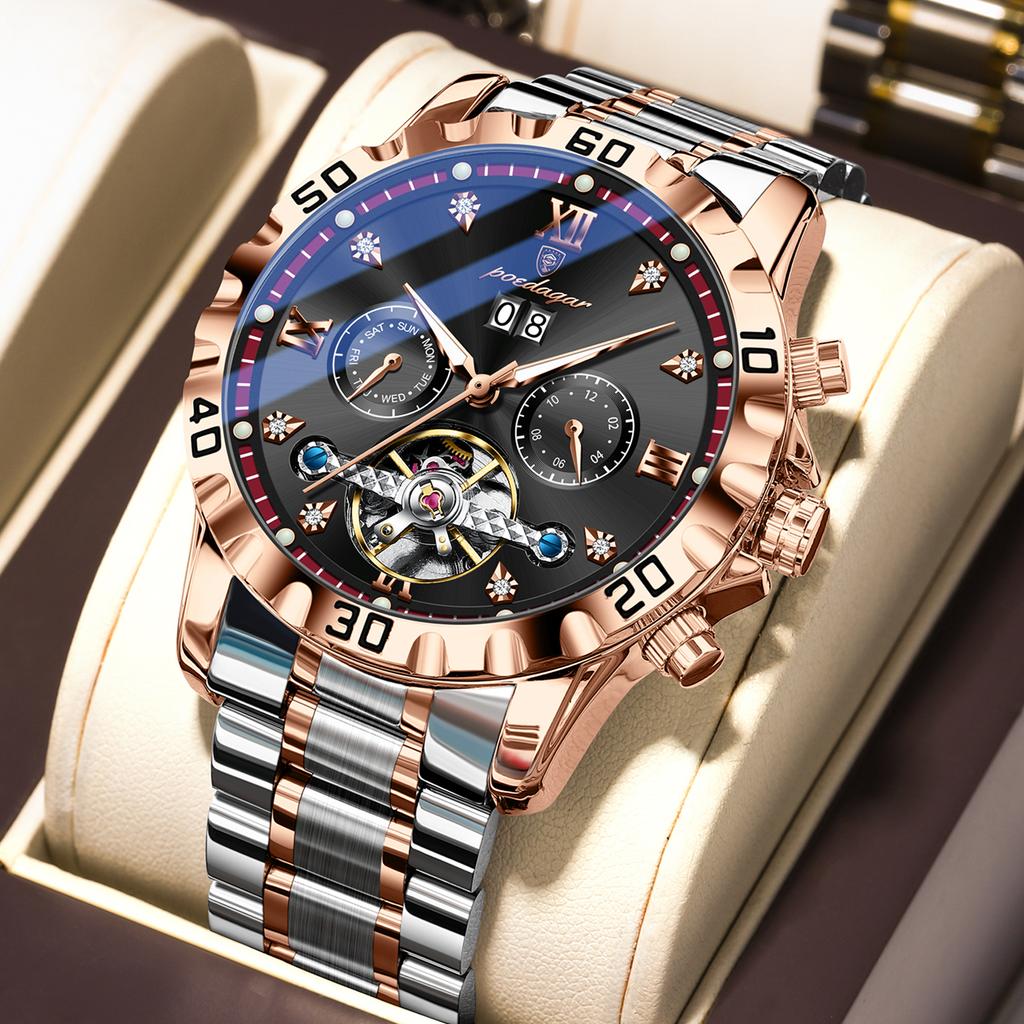 POEDAGAR Top Luxury Men Watch Automatic Date Week Man Wristwatch Hollow Tourbillon Mechanical Stainless Steel Watches