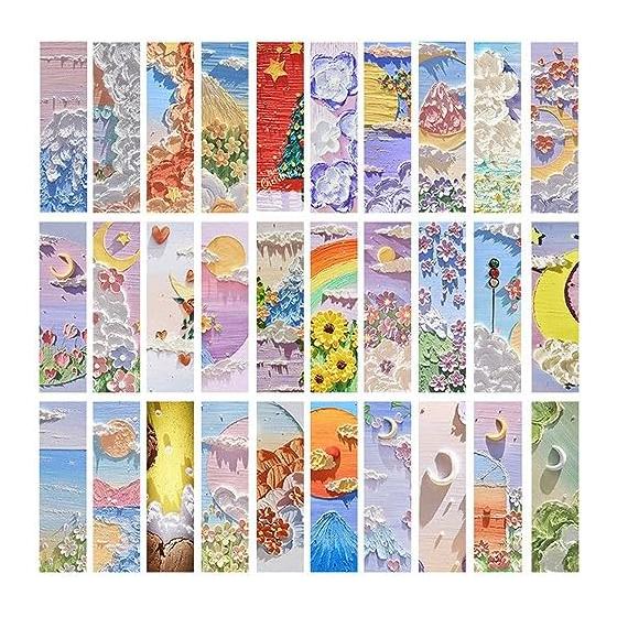 Moin Moin Bookmark Set - Oil Painting Art, 30 Designs, Realistic 3D Effect, Cute Pink Moon & Flower Field Theme, "Flower, Sea & Moon" Design, Extra