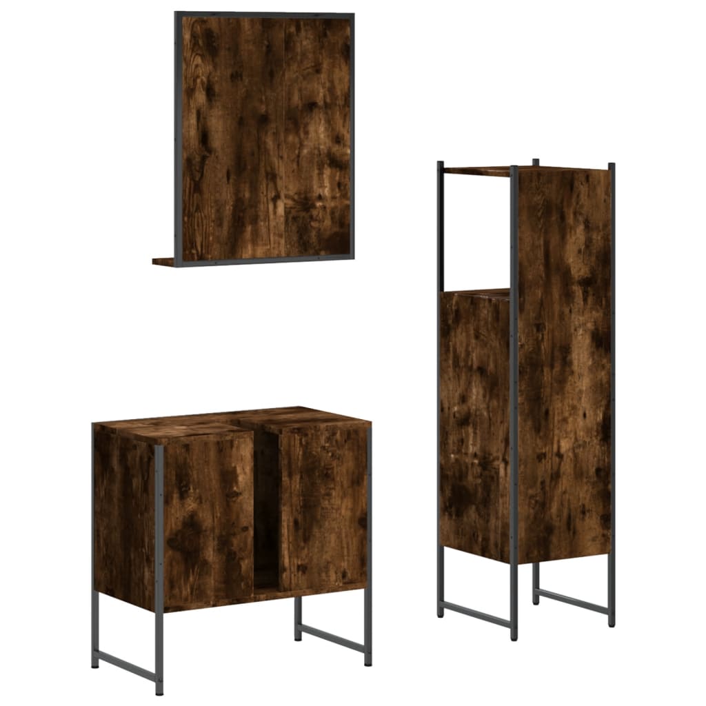 3 Piece Bathroom Furniture Set Smoked Oak Veneer Wood Based Material