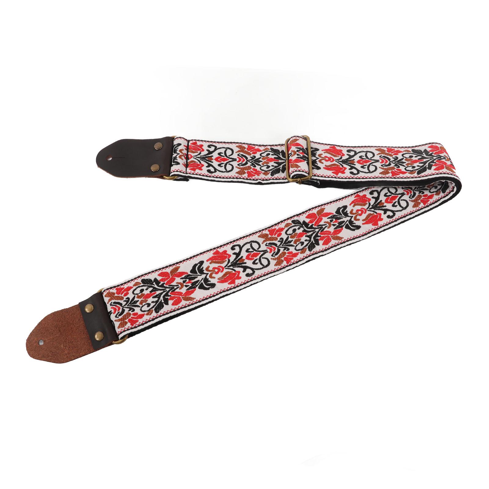 

Ремень для гитары кожаный с вышитым жаккардовым винтажным цветочным узором, белый