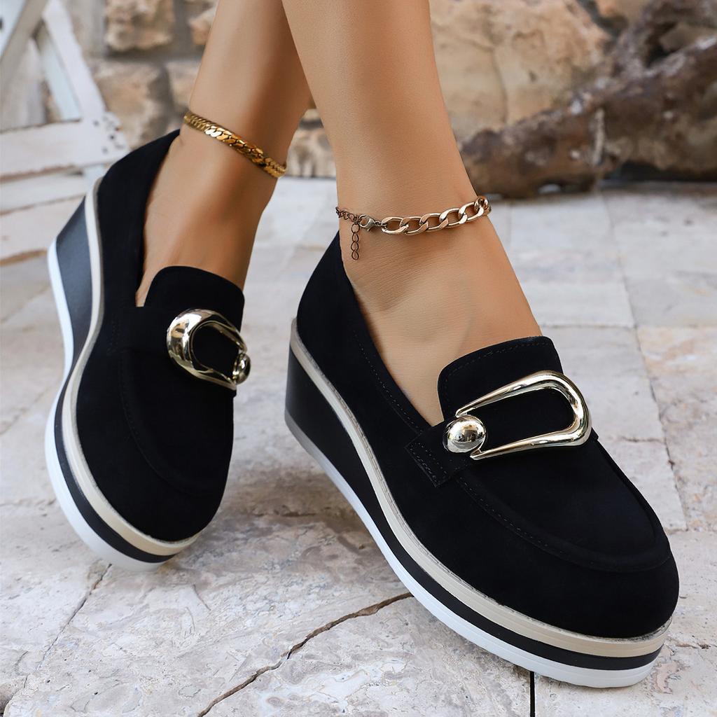 Keilabsatz flache Schuhe für Damen – Frühling/Herbst Neu Große Größen Plateau Dicke Sohle Runde Spitze Modisch Metall Detail Schlupfschuhe