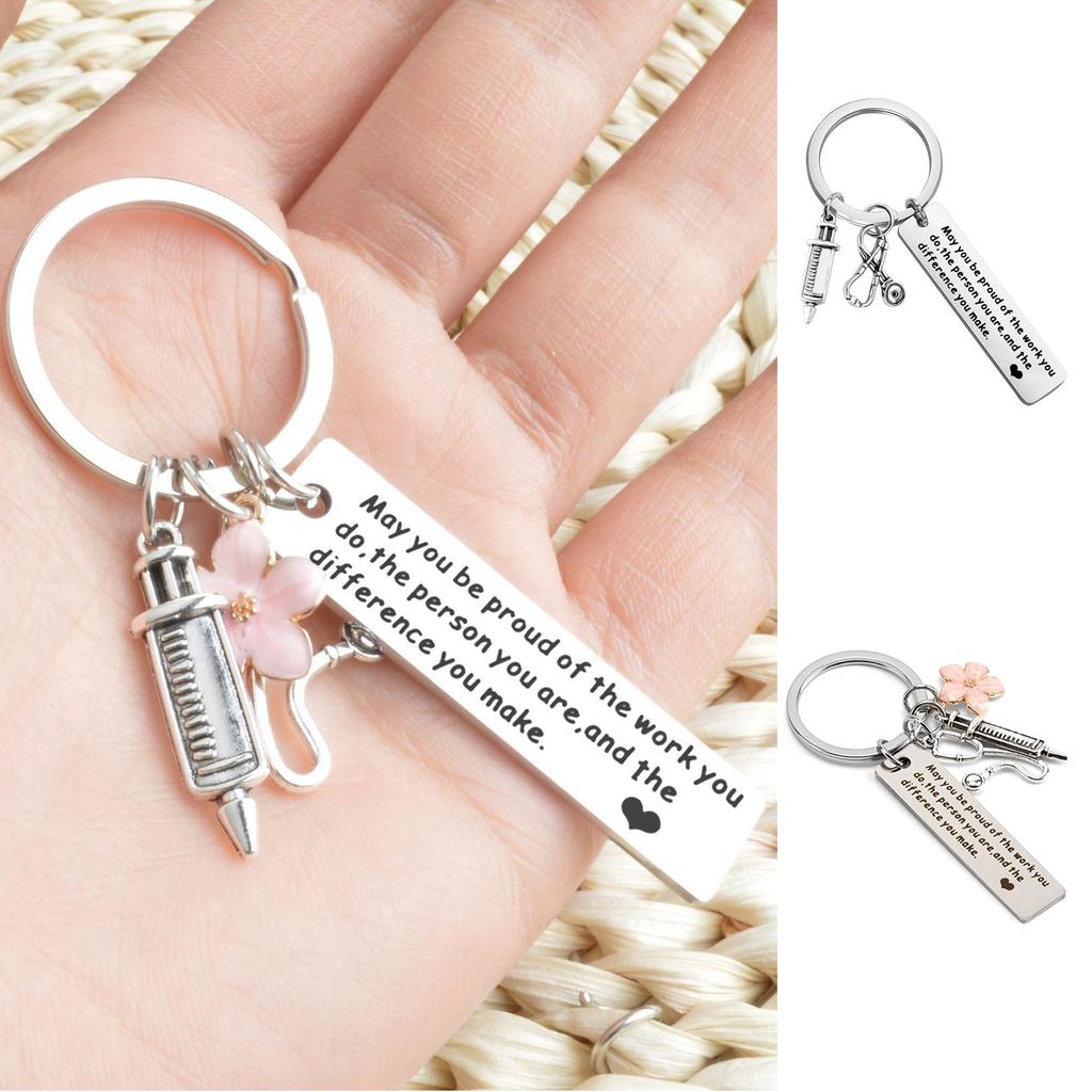 Metal Nurse Keychain with Syringe Stethoscope and Inspirational Tag Medical Professional Gift Nurse Appreciation Accessory Keyring