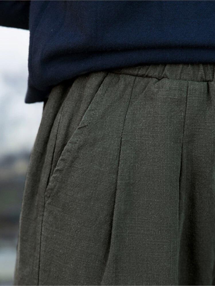 Women Ramie Vintage Thick Warm Pants Autumn Solid Color Elastic Waist Loose Long Pants with Pockets