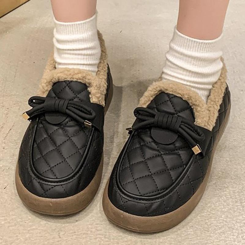 Fashion Pu Leather Snow Boots for Women 2025 Winter Korean Bowknot Detor Plush Booties for Woman Non Slip Keep Warm Snow Boots Lady