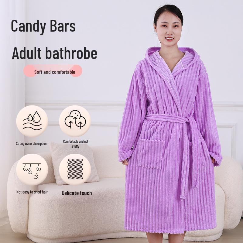 Dicker Kapuzen-Bademantel für Damen in Candy-Streifen, Übergröße, Korallenfleece