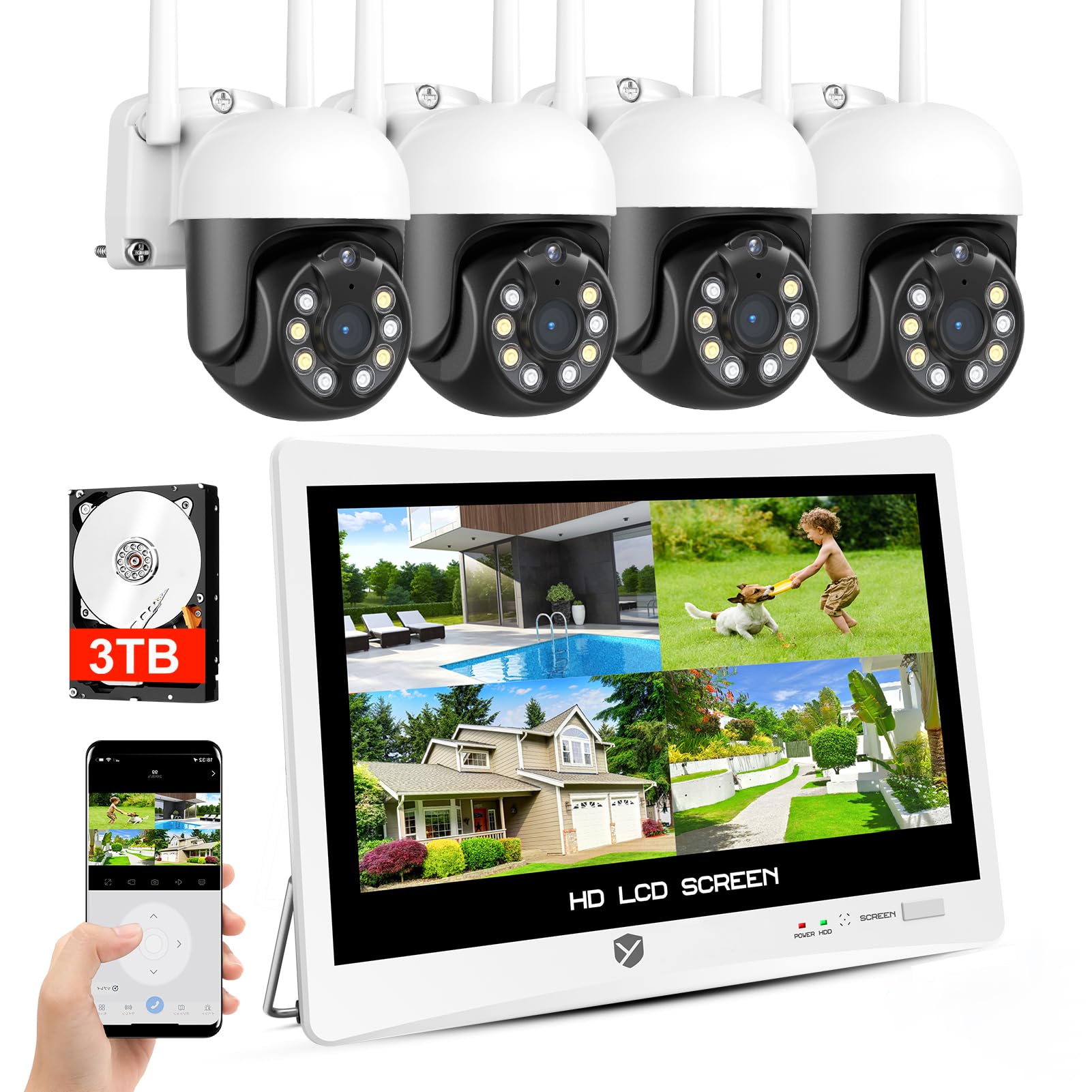 

YESKAMOO Бездротова камера безпеки з 3 ТБ РК-дисплеєм вбудованим та автоматичним набором з 4 2560P 5MP бездротових розширюваних до 10 IP66 AI людина безперервне відео