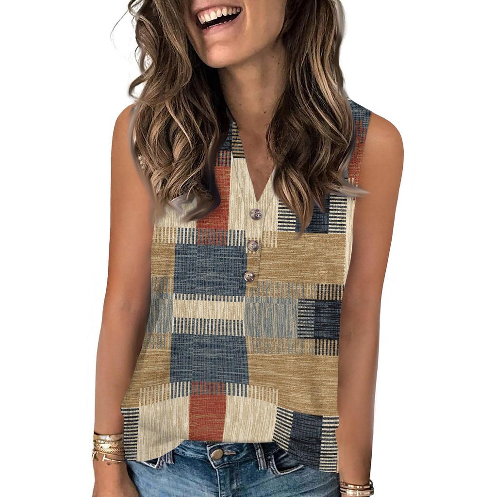 Women's Casual Fashion Summer Color Block Stitched Print Tank Top V-neck Sleeveless Button Top