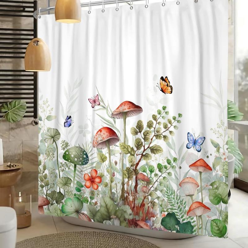 Mushroom And Butterfly Shower Curtain Forest Nature Art Bathroom Decor Whimsical Garden Design Waterproof Bath Curtain (as the picture,90x180CM)