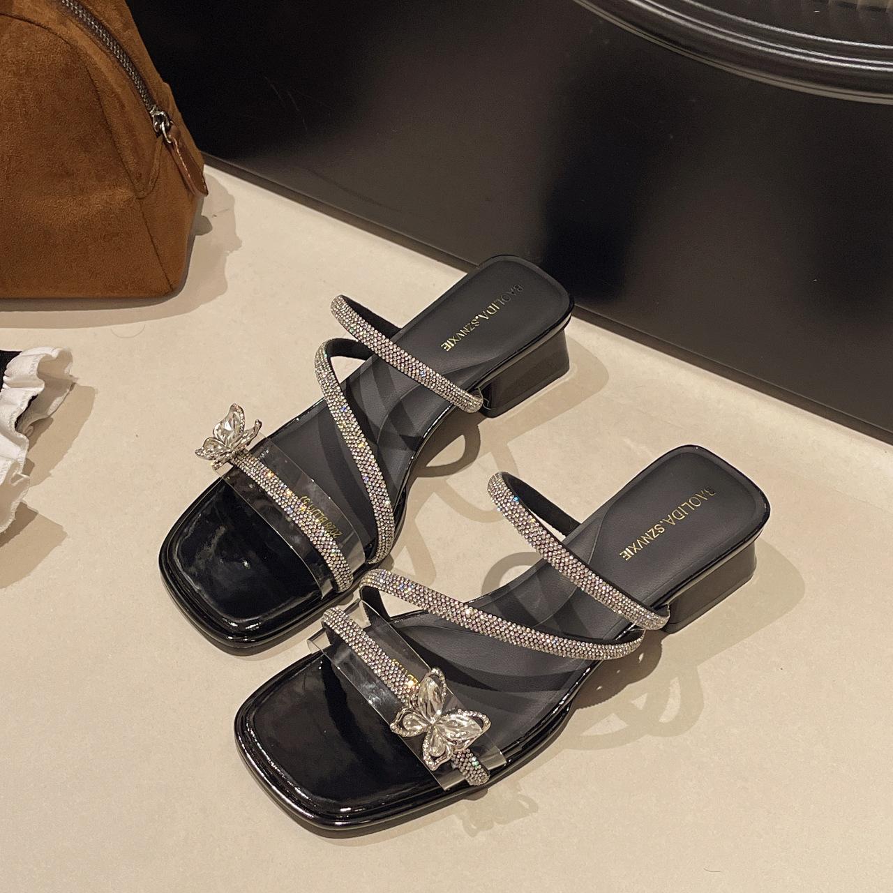 

Французские хрустальные шлепанцы на толстом каблуке женские красивые босоножки на высоком каблуке 2025 лето новая стразы бант сказочный стиль 40 чёрный