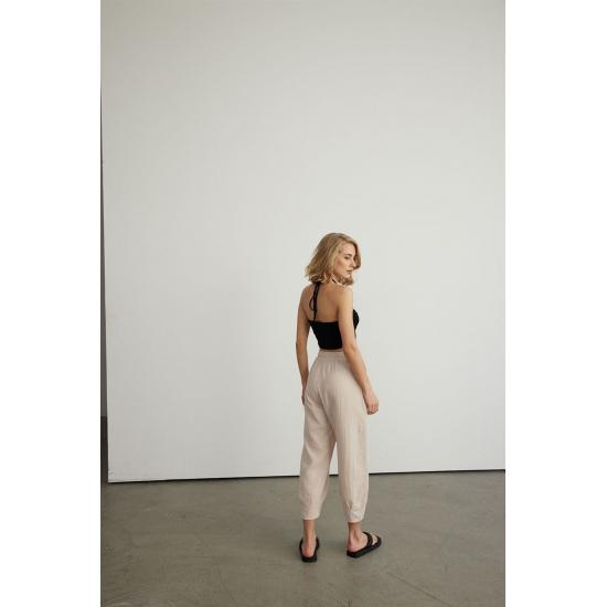 Pantaloni de jogging de damă, cu șireturi, cu talie elastică, amestec de in