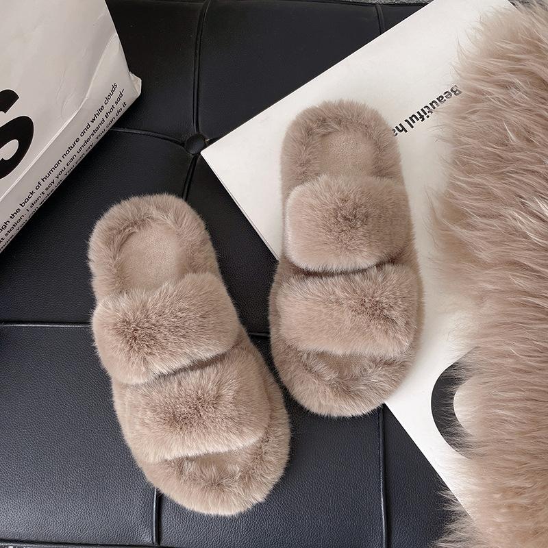 Thick bottom heightening one-word fluffy slippers women's outer wear ins home explosion non-slip versatile autumn and winter cotton slippers