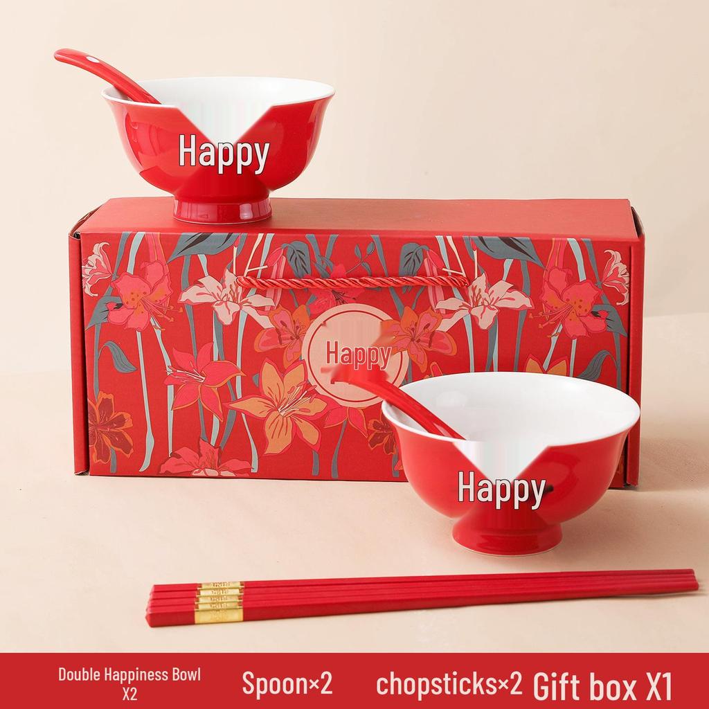 Red Double Happiness Ceramic Tableware Set: Wedding Bowl, Spoon, and Chopsticks Gift