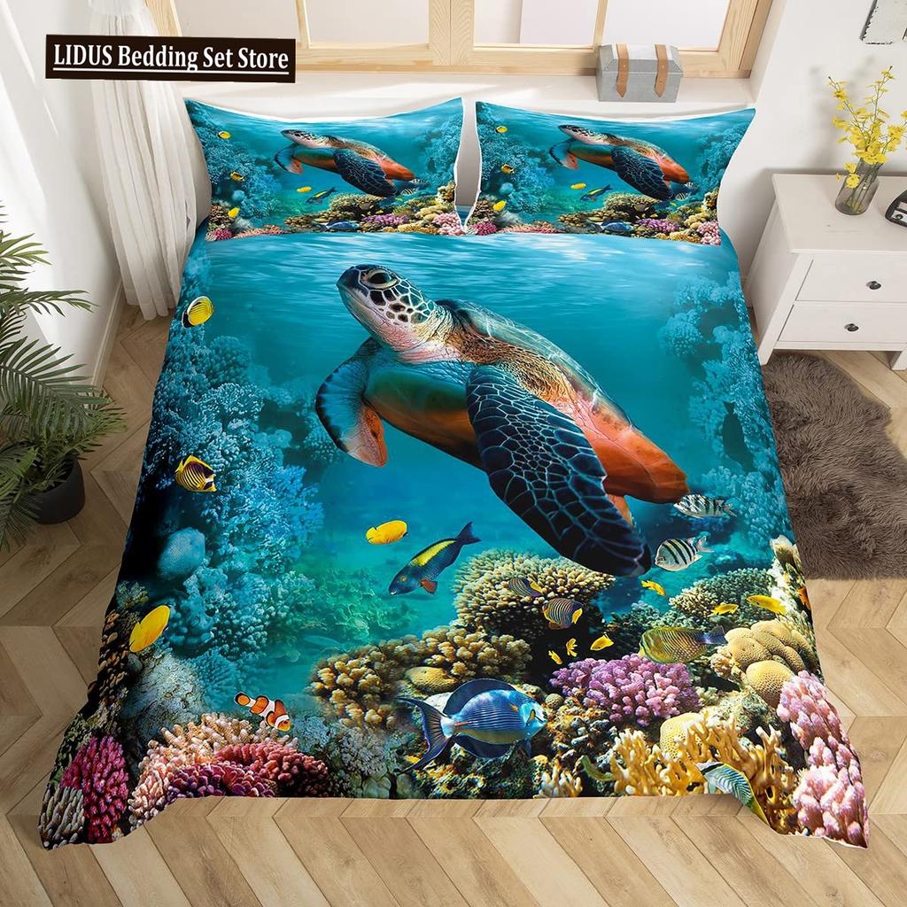 Sea Turtle Duvet Cover Set King Size Watercolor Tortoise Butterfly Comforter Cover For Boys Girly Dreaming Style Bedding Set