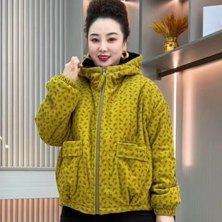 Stylish Floral Print Corduroy Hooded Coat with Velvet Lining and Large Pockets for Middle-Aged and Elderly Women