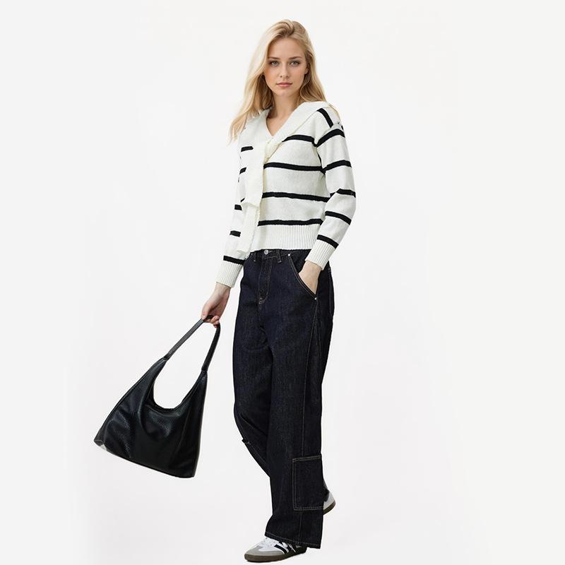 Women's Striped Splicing Long Sleeve Temperament V-Neck Casual Knitwear