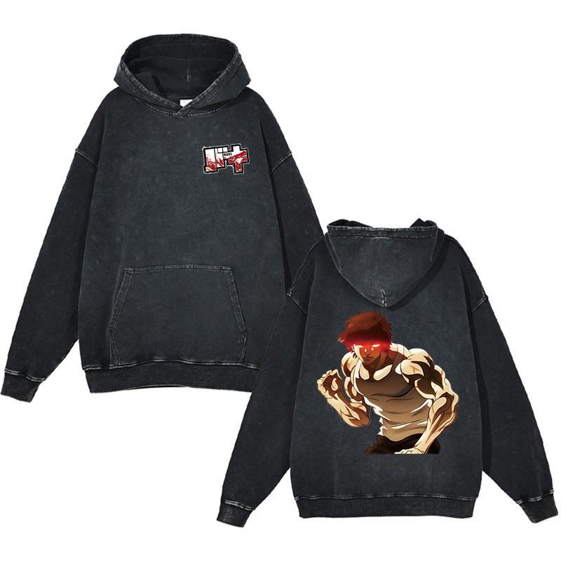 Baki Hanma Anime Streetwear Hoodie Heavyweight Cotton Washed Vintage Style Mens Long Sleeve Pullover