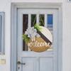 Front Door Hanging Welcome Sign Wall Decor Plaque Wooden Rustic with Bow Round Wreath for