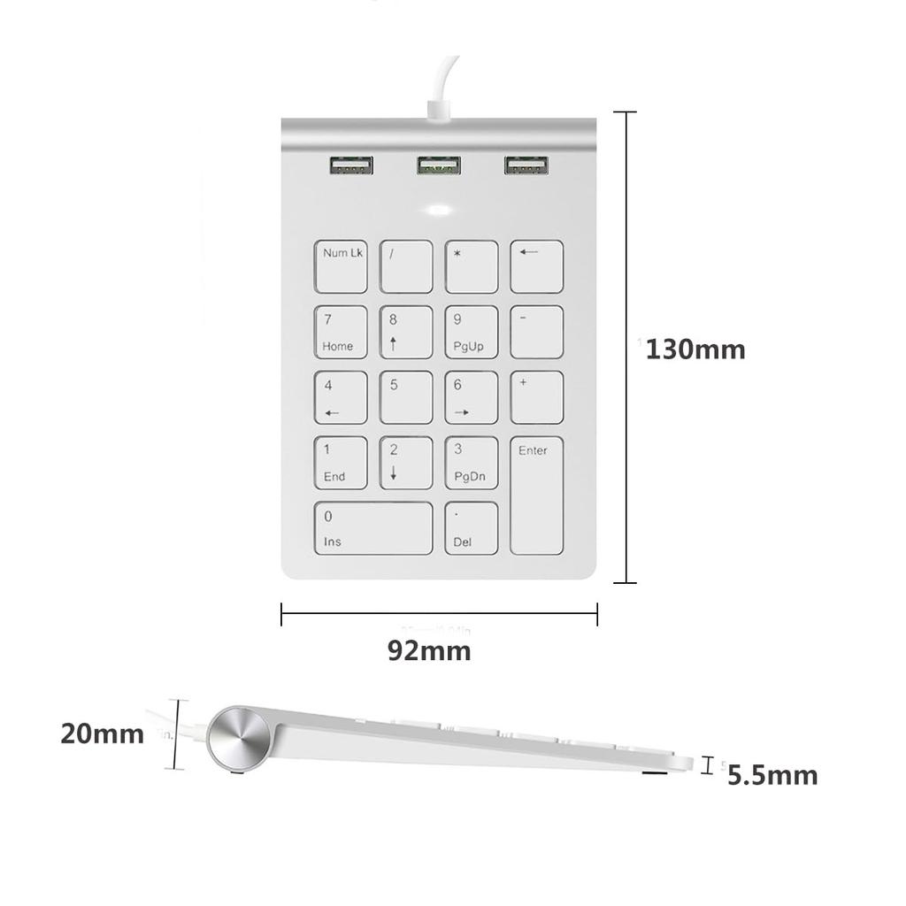 Kabelgebundenes Ziffernblock-Anschluss mit HUB USB-Hub 18 Tasten Ergonomisch Schlank Leise Mini Kompaktes Gerät Kompatibel mit Computern Typ-C/USB-A