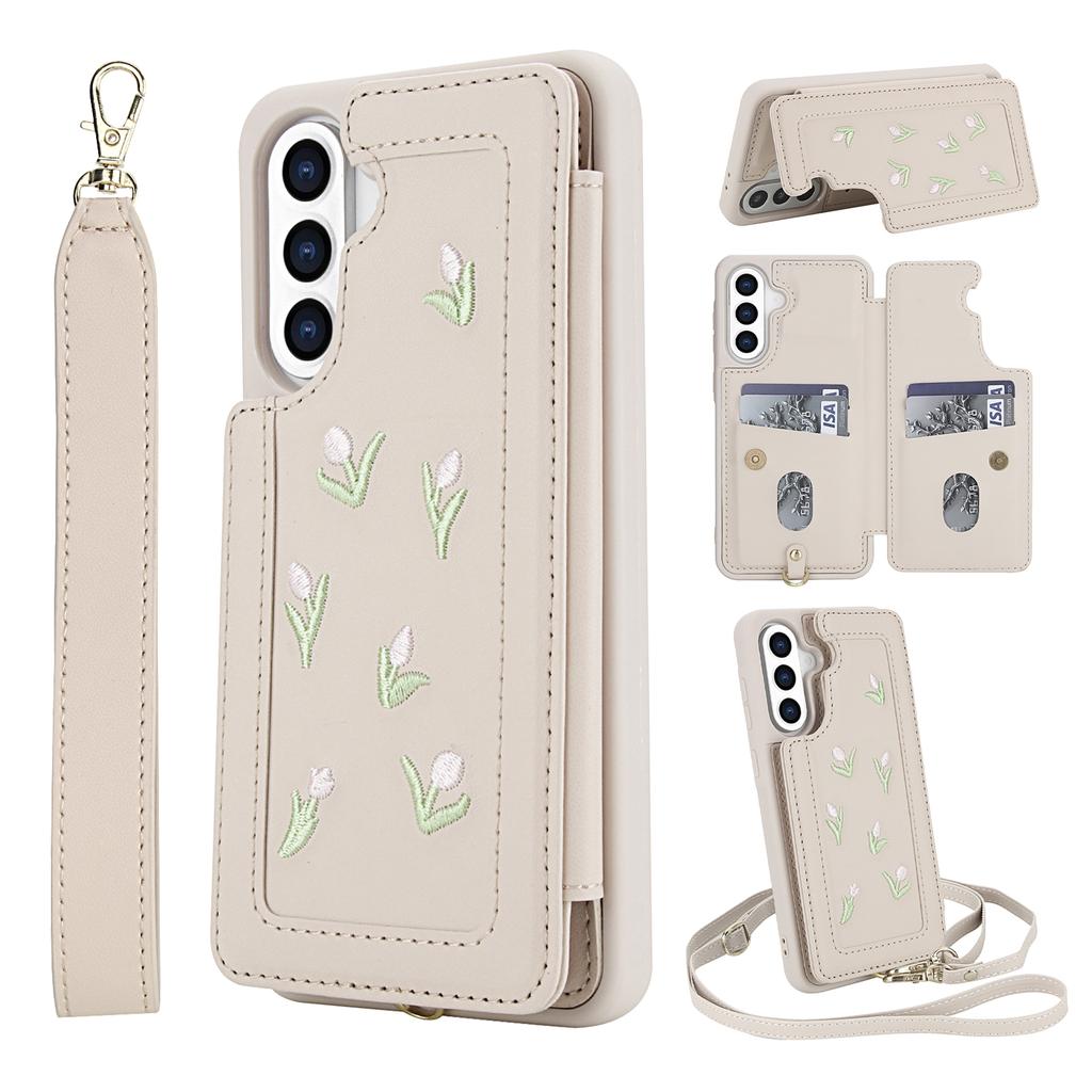 For Samsung Galaxy A36 5G/A56 5G Case Embroidered Tulips PU Leather Card Holder Back Cover with Shoulder Strap/Wrist Strap