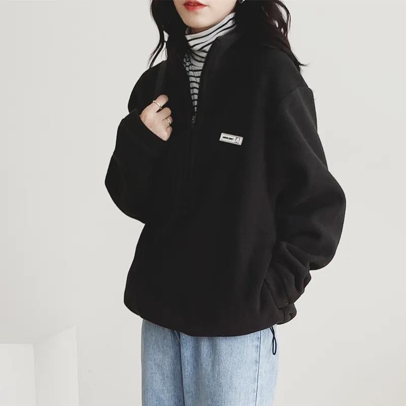 

Осень Свободный Американский Вельвет Утепленный Свитшот Пуловер с Воротником-стойкой Флис Теплый Топ S чёрный