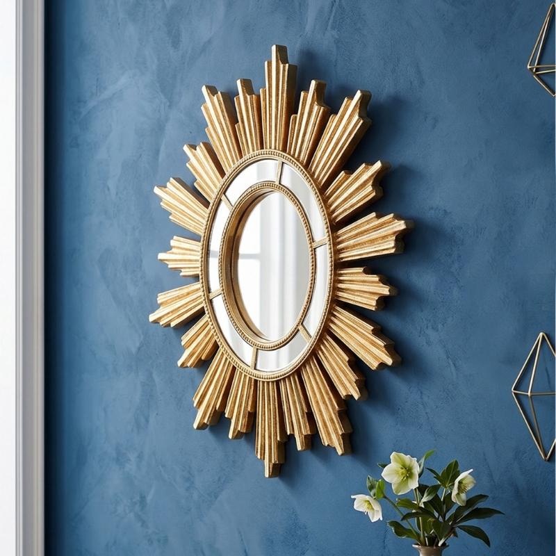 Stylish Resin Golden Sunbursts Vanity Mirror Wall Hanging Makeup Mirror for Bedroom or Bathroom Living Room Decors